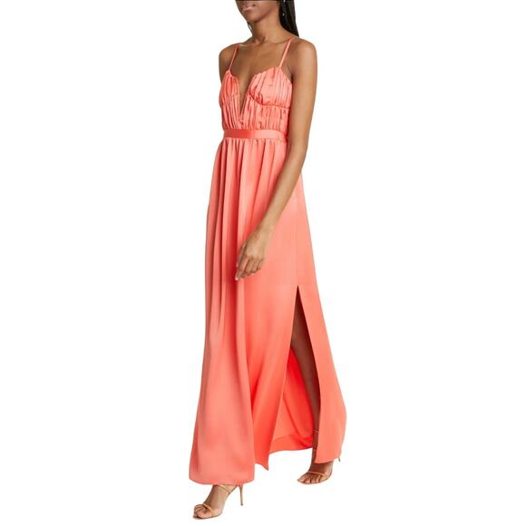 Ramy Brook Becky Gown Plunge Neck Satin Slit Maxi Dress Guava Pink Coral Size 4 - Picture 2 of 14